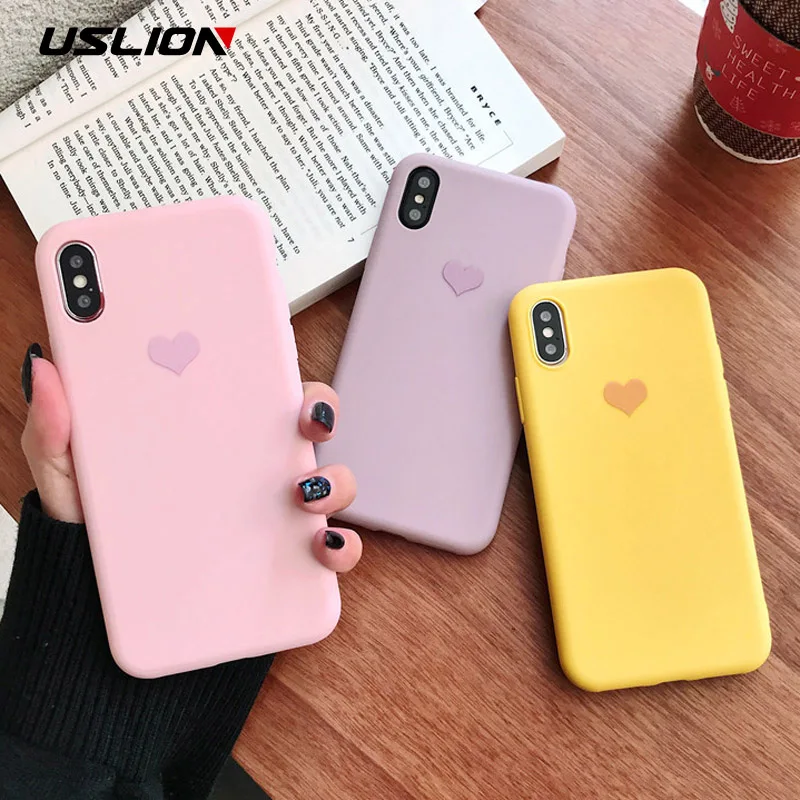USLION الحلوى اللون حقيبة لهاتف أي فون XR XS X Xs ماكس الحب القلب غطاء الهاتف لفون 6 6 S 7 8 زائد لينة TPU سيليكون حالات كوكه