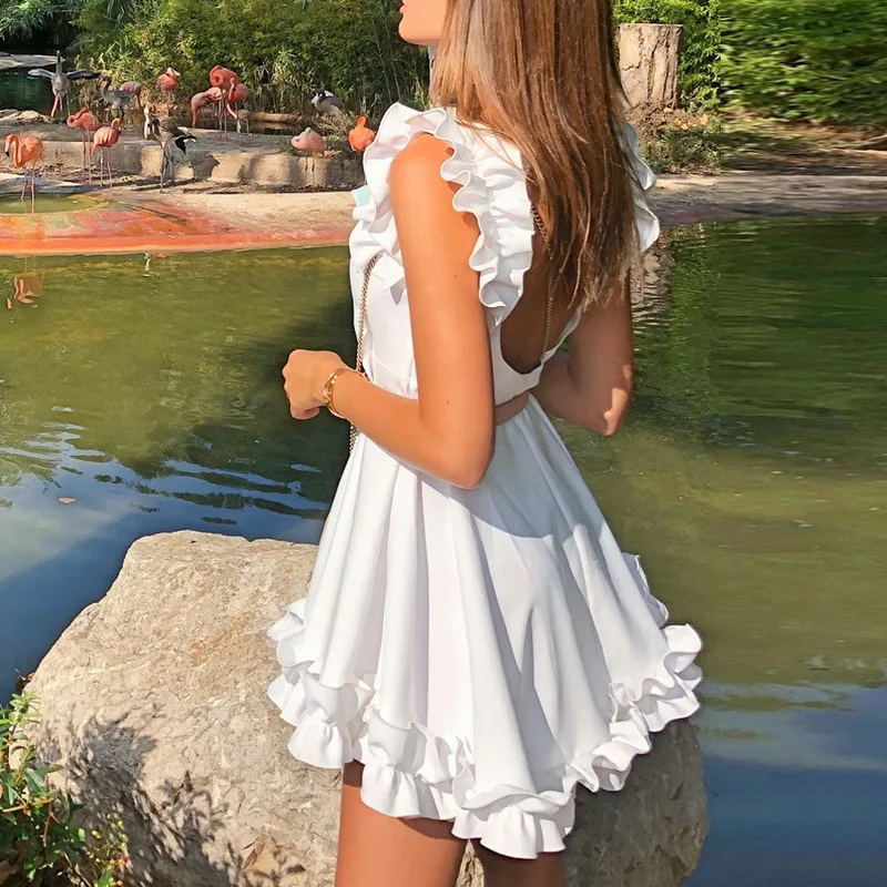 

2019 sexy low back white ruffle dress backless women summer dress sleeveless