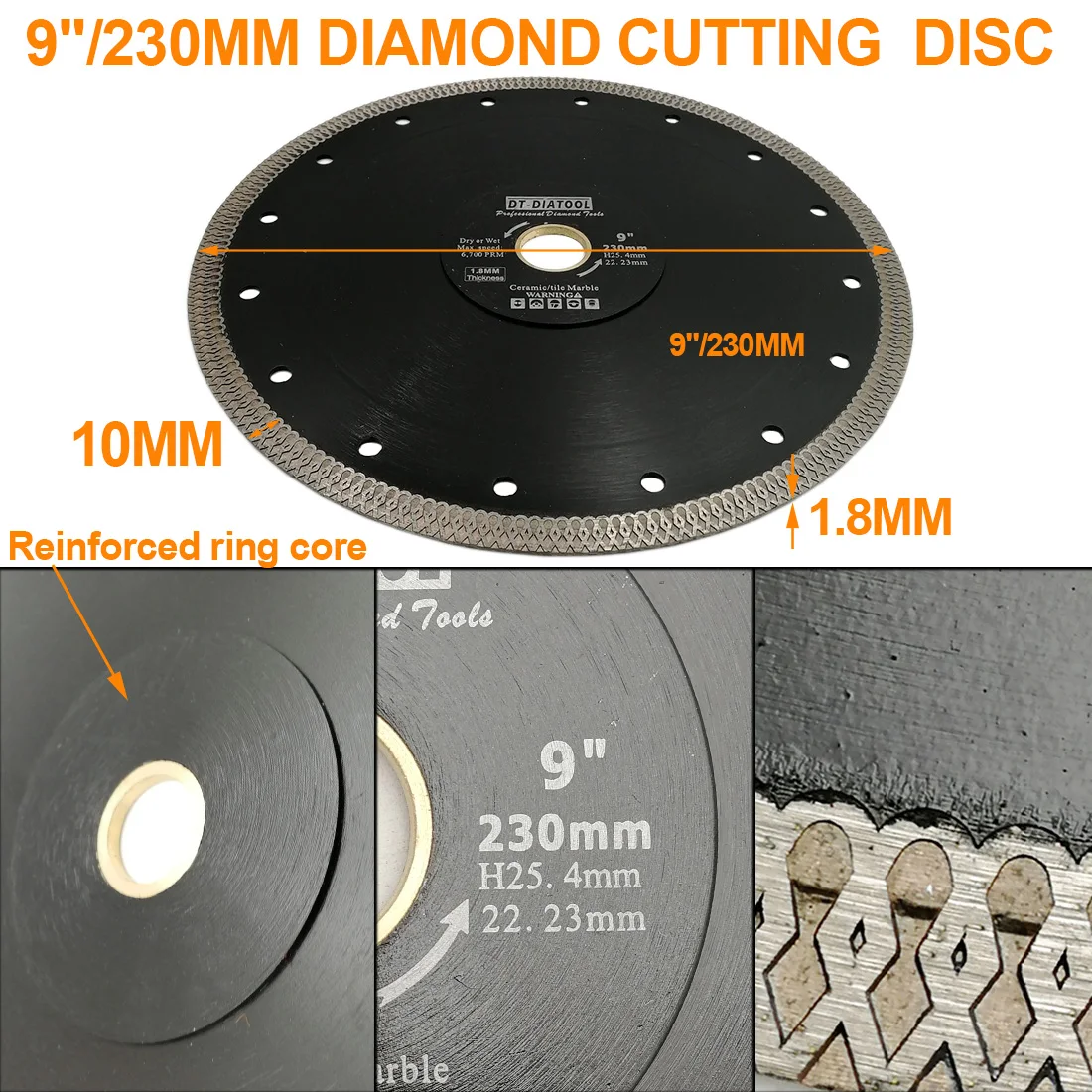 DT-DIATOOL 1piece Hot-pressed Dry or Wet Diamond Reinforced core ring Cutting Disc X Mesh turbo Saw Blades Dia 9inch/230mm Wheel