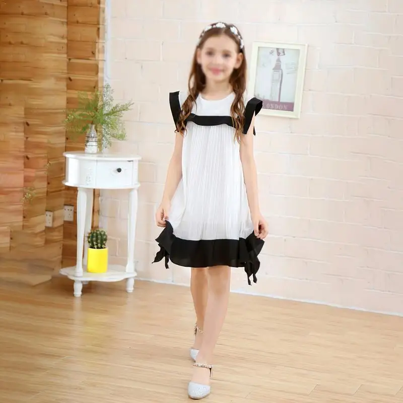 Children Girls Dress Black And White Piecing Chiffon Navy Collar Dress Lolita Style Fashionable Dress Spring Autumn Suitable