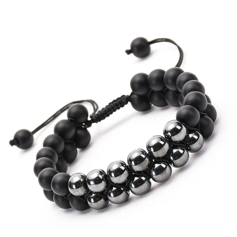

Natural Stone Matte Double Row Beaded Bracelet Hematite Double Layer Handmade Woven Bracelet for Men Women