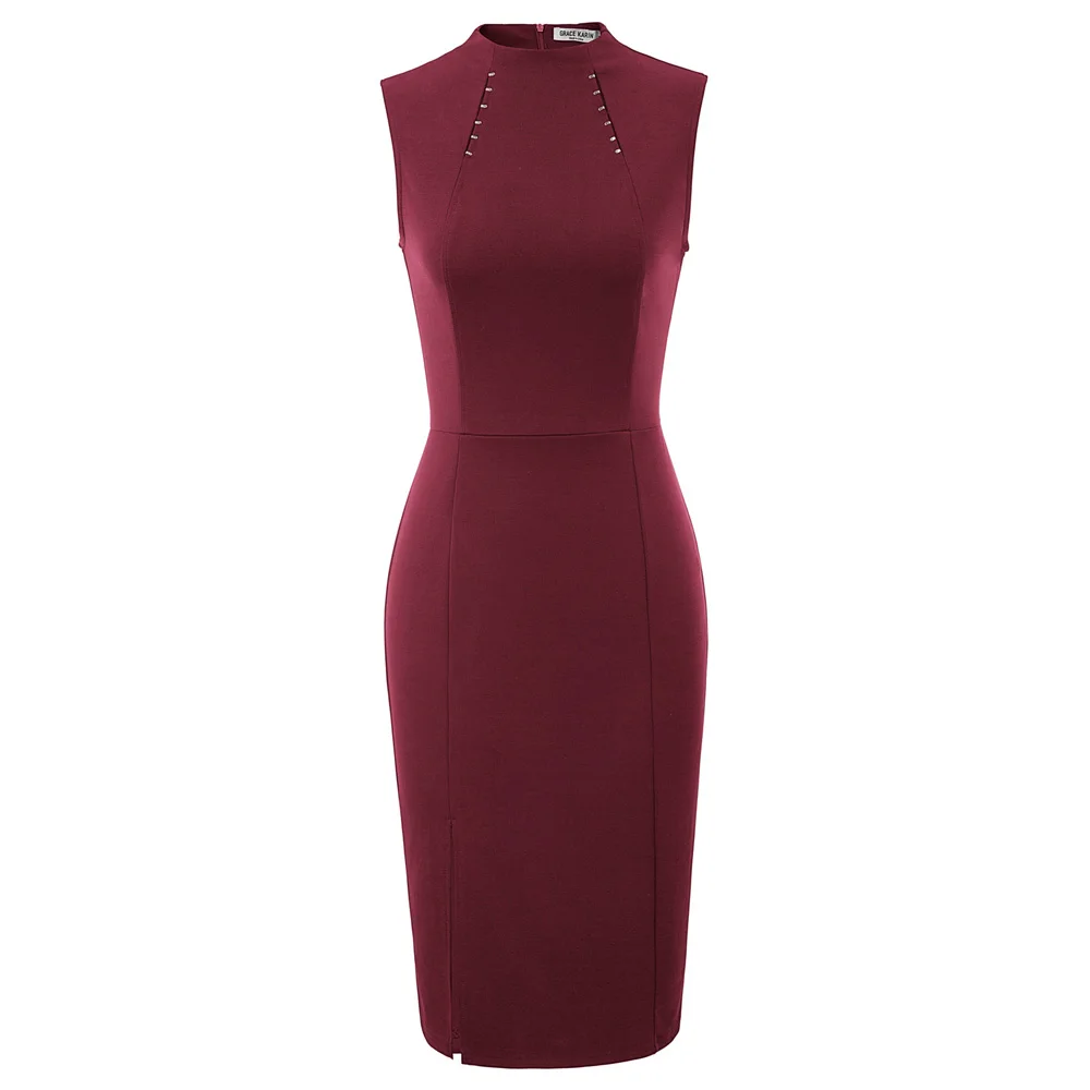 

office work dress Women Solid Color Sleeveless Right Split Hips-Wrapped Bodycon dress elegant vintage knee office Pencil Dresses