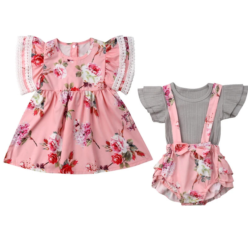 Милая одежда для маленьких девочек; одежда для сестер; платье с цветочным принтом и оборками; футболка для малышей; топы; комбинезон; одежда принцессы