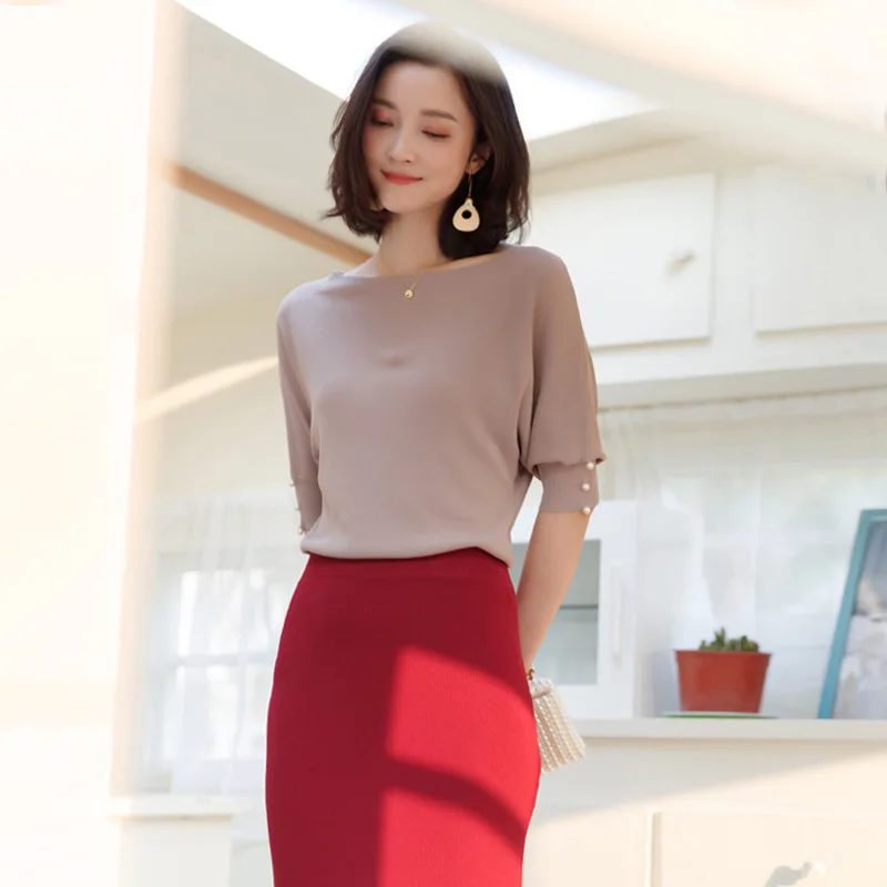 

2019 Sring and summer new arrival half-sleeved sweater shirt female loose Korean beaded simple knitted sweater shirt women F9913