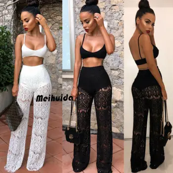 

2019 Newest Fashion Hot Sexy Charming Wholesale Women Summer 2 Piece Strappy V Neck Crop Top and Pants Bodycon Outfit Long Suit