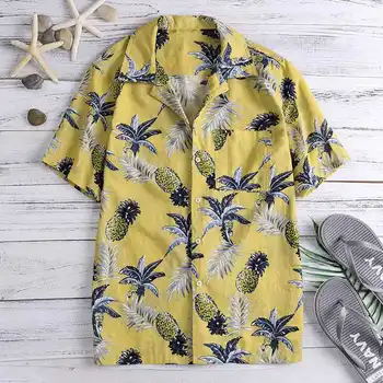 

Hawaiian Style Men Shirt Loose Short Sleeve Printed Lapel Neck Casual Shirt Holiday Seaside Beach Shirt Men Cotton Tops Summer