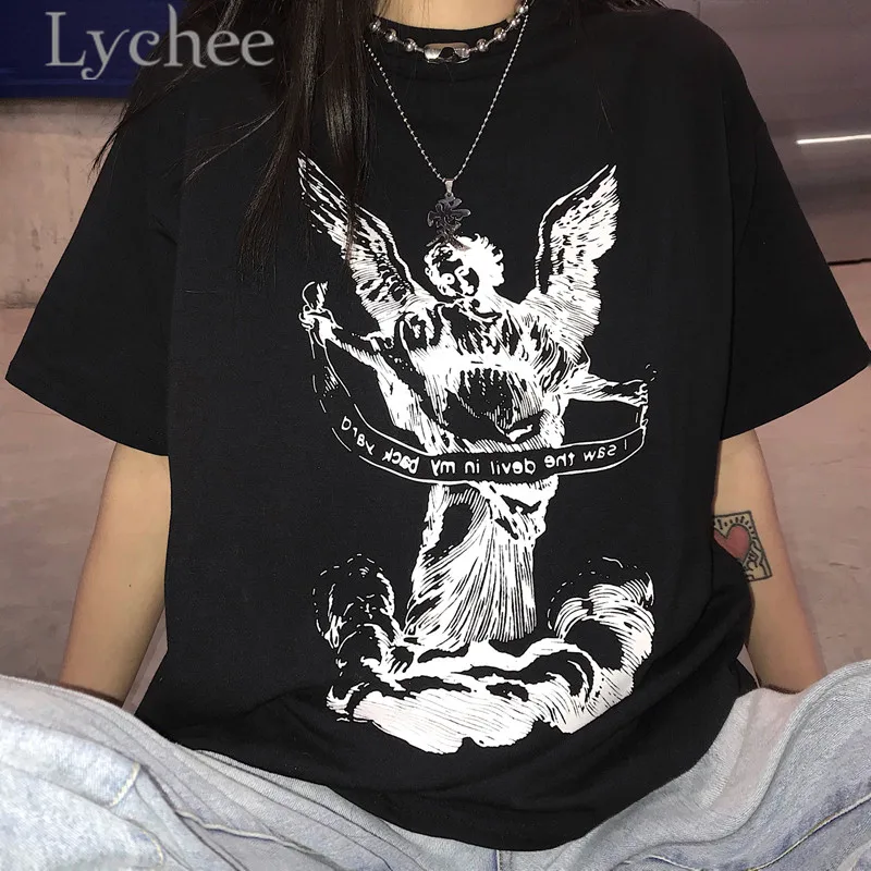 يتشي المتناثرة الملاك إلكتروني طباعة المرأة تي شيرت الصيف قصيرة الأكمام فضفاضة تي شيرت الإناث السببية المحملة قمم يتشي المتناثرة الملاك إلكتروني طباعة المرأة تي شيرت الصيف قصيرة الأكمام فضفاضة تي شيرت الإناث السببية المحملة قمم