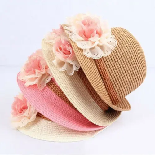 Детская Солнцезащитная шляпа принцессы для девочек, пляжная шляпа с цветами, детская соломенная Гибкая шляпа с широкими полями, бежевая, розовая, белая, хаки