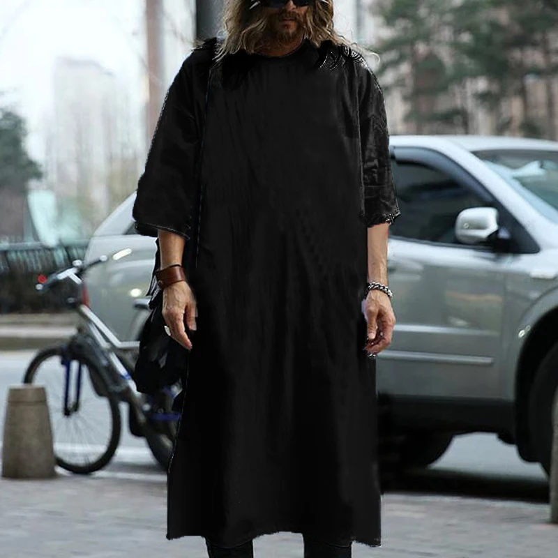 INCERUN Kurta Mens Dress T Shirts Short Sleeve Loose Kaftan Long Tee Jubba Muslim Arab Thobe Islamic Men Clothing Hombre Camisas