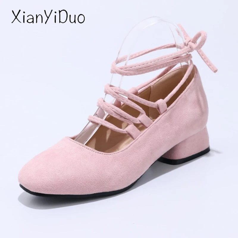 

Xianyiduo 2019 Spring women's Shoes Square Toe Ankle Strap Middle Heel Pumps Retro plus size 34-48 Light Grey pink /654-3