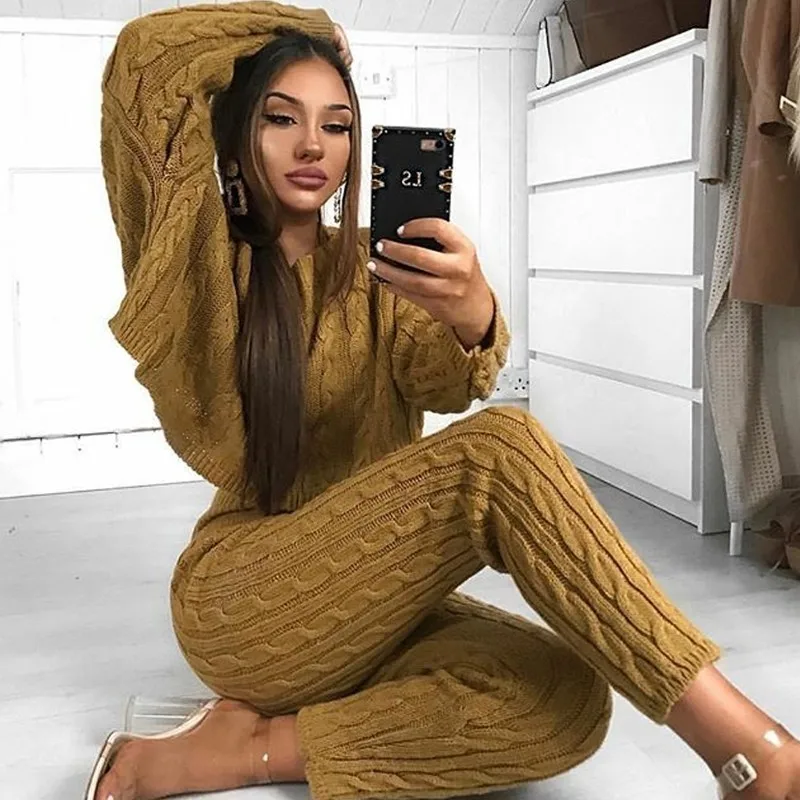 

Sexy 2 Piece Knitted Casual Suits Street Long Sleeve Sweater And Pant Winter Autumn Casual 2 Piece Sets Ladies Dropshipping