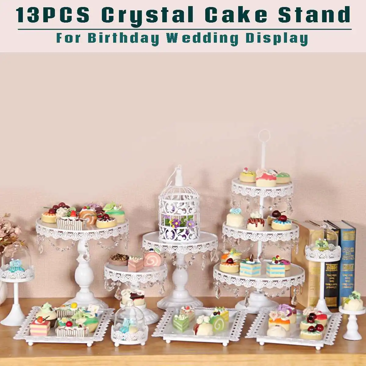 

KiWarm 13Pcs/Set Crystal White Metal Cake Holder Cupcake Stand Birthday Wedding Party Display Table Decorative Shelves Tools