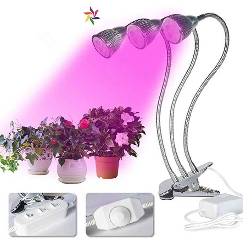 

New Timing 360 Degree 15W Three Head LED Plant Grow Light Flexible Indoor Grow Light Plants Grow Lamp For Indoor Potted Plants