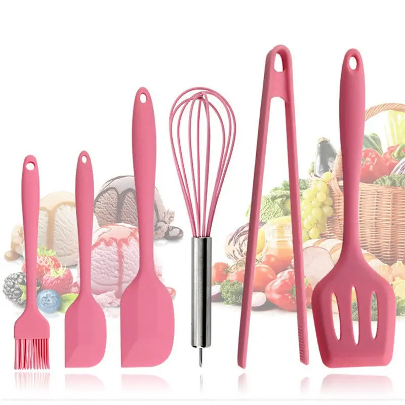 Розовые силиконовые наборы посуды, 6 шт., яичный венчик, ложка, клипса, лопатка, масляная щетка, кухонные принадлежности, 6 платьев, кухонные инструменты