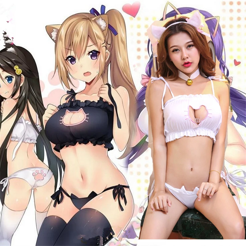 Kawaii Kitty Cat Вышивка мяу звезда Keyhole полый бюстгальтер и нижнее белье Сейлор Мун