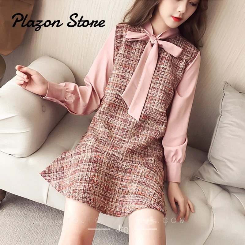 

Vestido Vintage Plaid Dress Pink Dress Bow Collar Lantern Long Sleeves Chiffon Dress Female Fashion Stitching Vintage Clothes