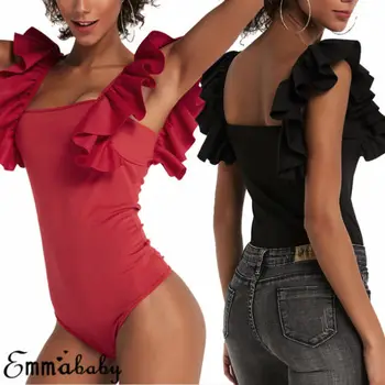 

HIRIGIN Sexy Women Frill Ruffle Sleeve Flared Shoulder Bodysuit Body Leotard Top 8-14 Jumpsuit