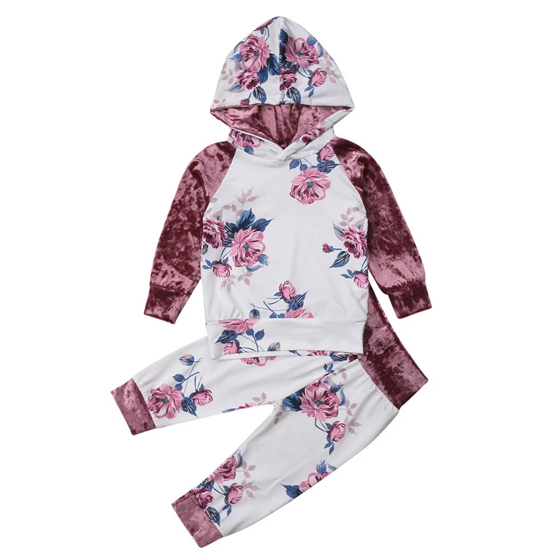 

Fashion 1-6Y Baby Girls Velvet Clothes Set Autumn/Winter Warm Long Sleeve Hoodies Tops+Floral Pants Child Tracksuit Outfit Set