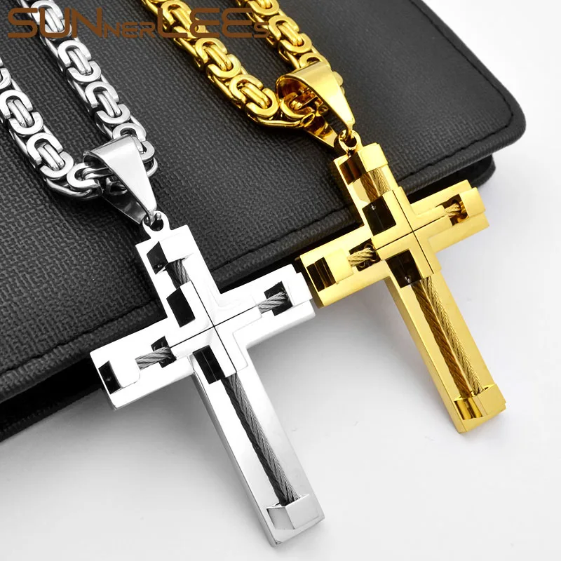 

SUNNERLEES Stainless Steel Jesus Christ Cross Pendant Necklace Byzantine Link Chain Silver Gold Color For Men Gift SP239
