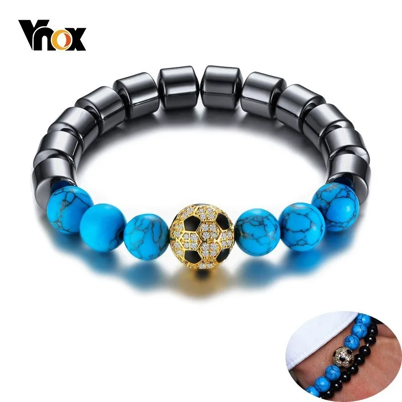 

Vnox Mens Casual Natural Blue Stones Bead Stretch Bracelets Cool Football Charm Strand Bracelet for Male Boy Jewelry