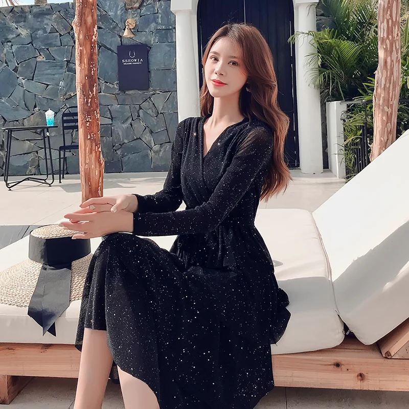 

New Women Long dress Full Sleeve Slim V-Neck Socialite Bronzing Bright Silk Cake Is Audrey Hepburn Dresses Black 8066