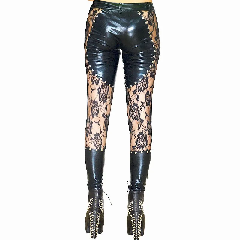 Women Faux Leather Bandage Sexy PU Pants Black Rivets Club Trousers Fashion Gothic Lace Pants Ladies Women Faux Leather Bandage Sexy PU Pants Black Rivets Club Trousers Fashion Gothic Lace Pants Ladies