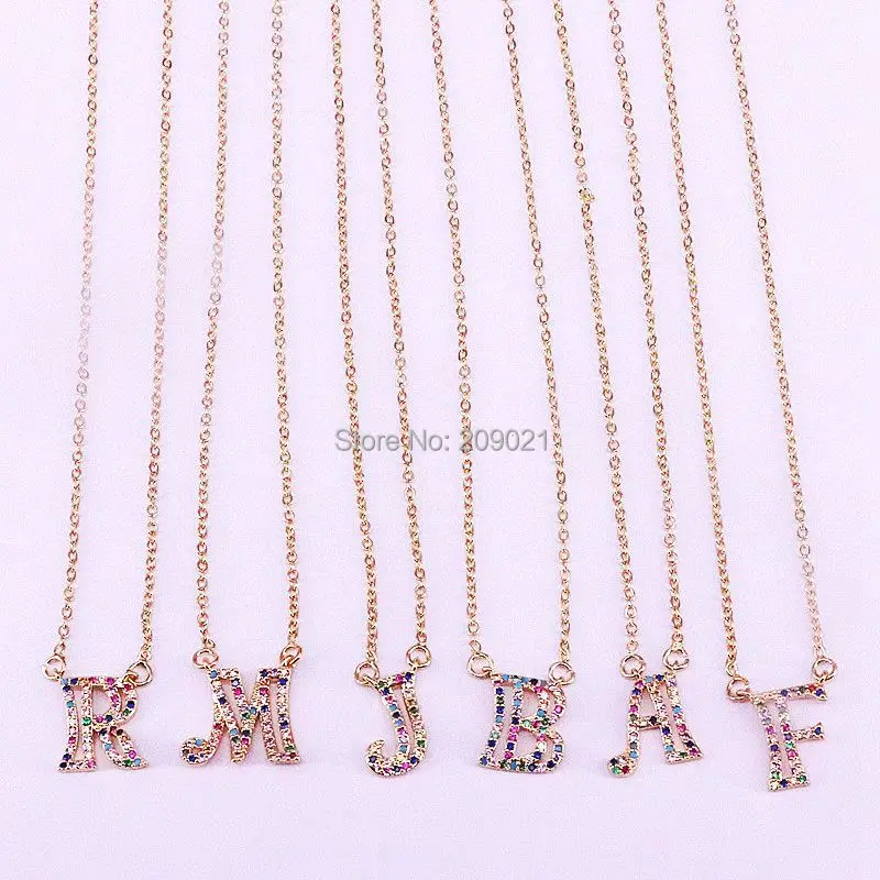 

New Arrived 10Pcs Gold Color Rainbow Cubic Zirconia A to Z Intitial Letters Pendant Necklaces Women's Fashion Jewelry
