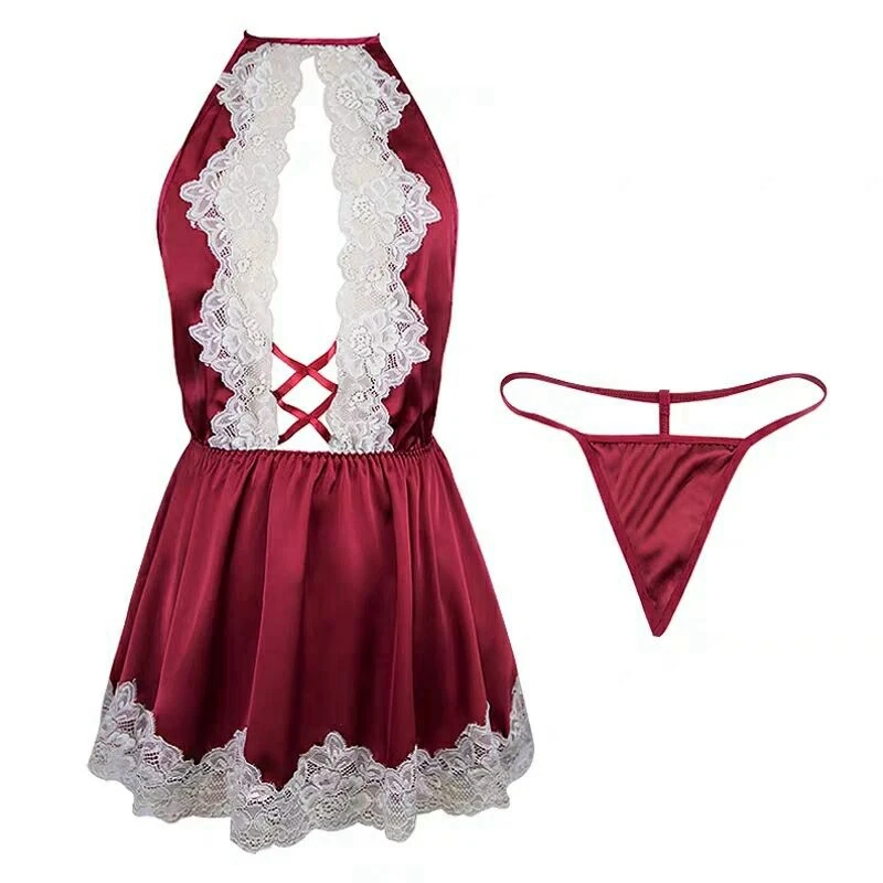 

Underwear Cute Girl Lace Hanging Neck Deep V Home Perspective Nightdress Set Red Wine