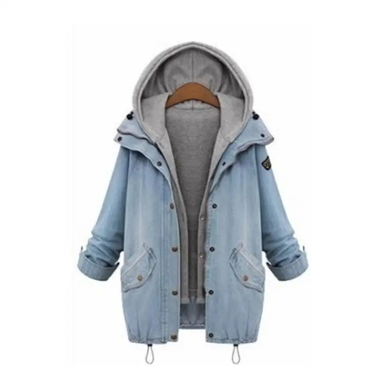 Europe America Two-piece Set Women Denim Jacket Hooded Solid Color Large Size Loose Casual Coat Versatile Comfortable Tops