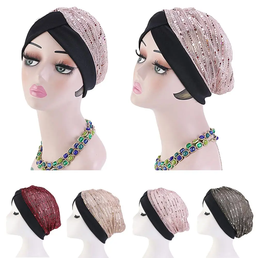 

Muslim Turban Hat Women Stretch Indian Hat Sequins Mesh Head Wrap Bandanas Chemo Cap Islamic Arab Bonnet Beanies Skullies New
