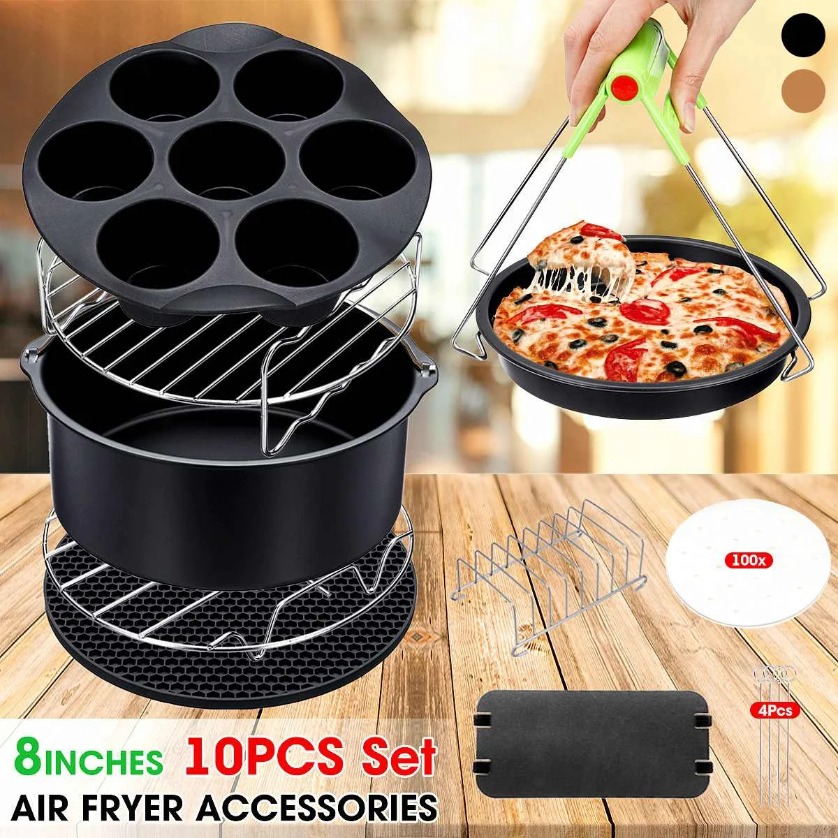 

10Pcs/Set 8" Non-stick Air Fryer Accessories Pizza Pan Baking Cooking Pan Silicone Mat Pad Food Separator Set For 5.2QT-5.8QT