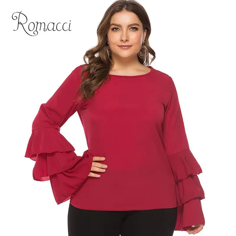 

Romacci Women Plus Size Solid Blouse 6XL Long Sleeves Cascading Ruffles Oversized Chiffon Shirt Casual womens tops and blouses
