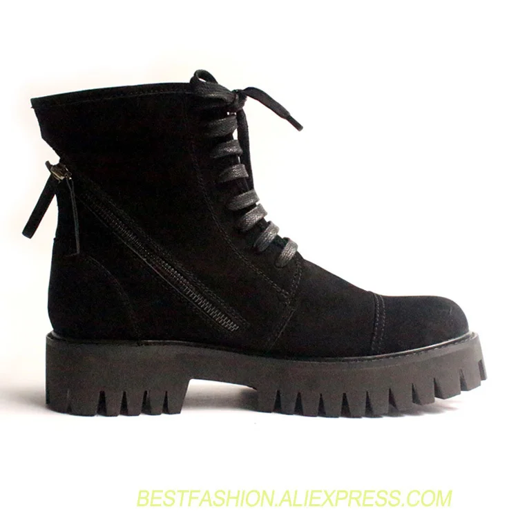 

Spring autumn black suede leather ankle short boots thick heel round toe side zipper booties men's cool army boot