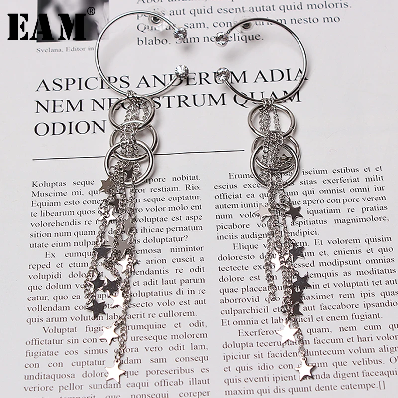 

[EAM] 2019 Spring Woman New High Quality Temperament Stylish Silver Color Round Hoop Spliced Stars Chain Earring All Match LI466