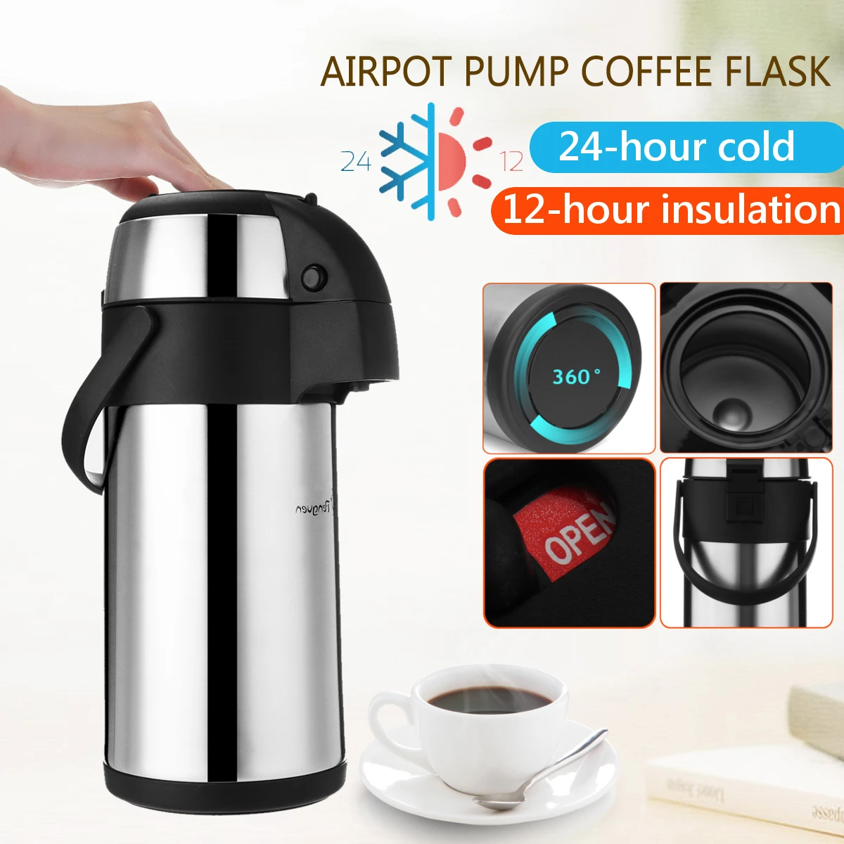 

3L Stainless Steel Vacuum Pump Action Airpot Hot/Cold Coffee Flask Catering Jug with Handy Carry Handle and A Lock Button