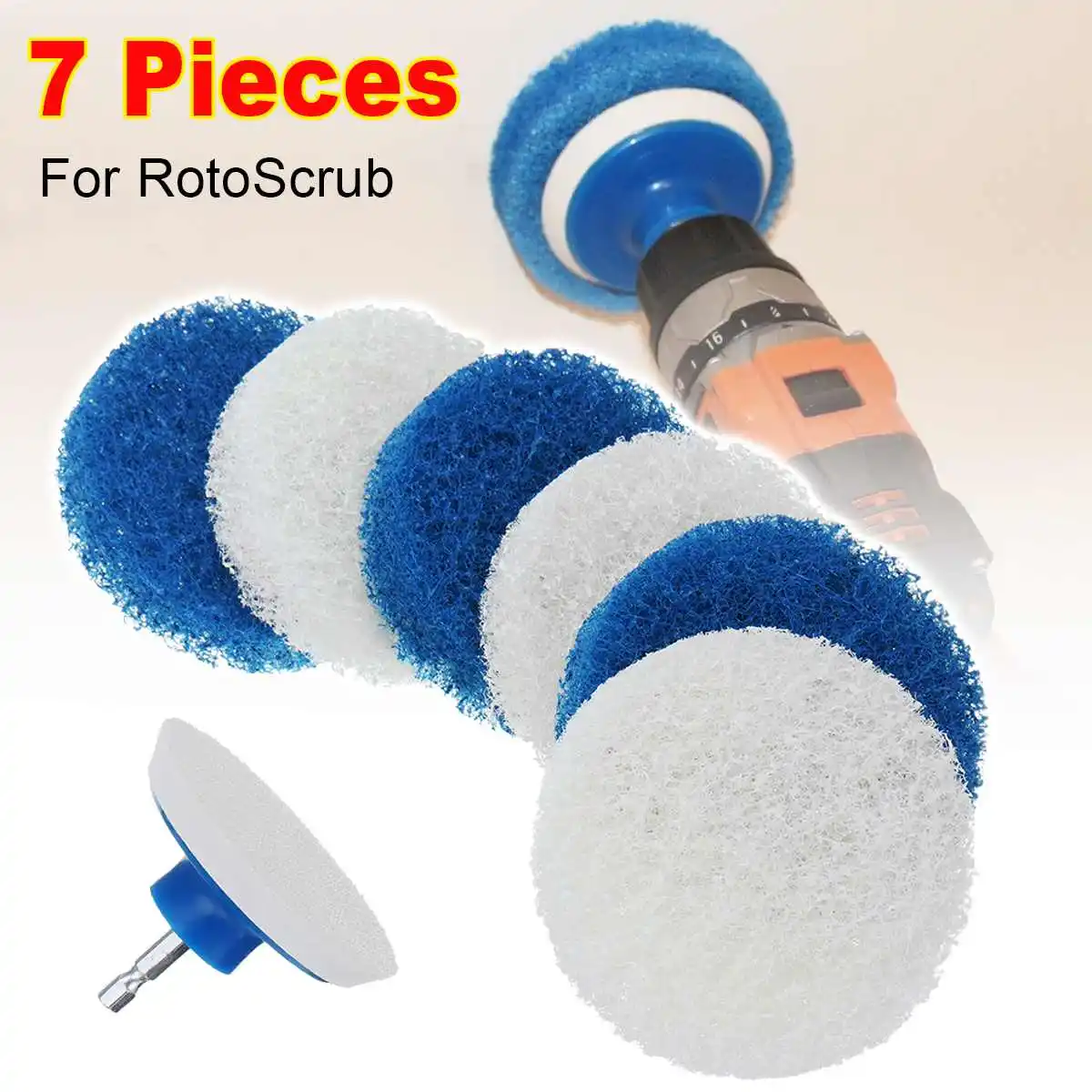 7 Pieces White And Blue Cleaning Drill Accessory Kit Nylon Scrub Pads