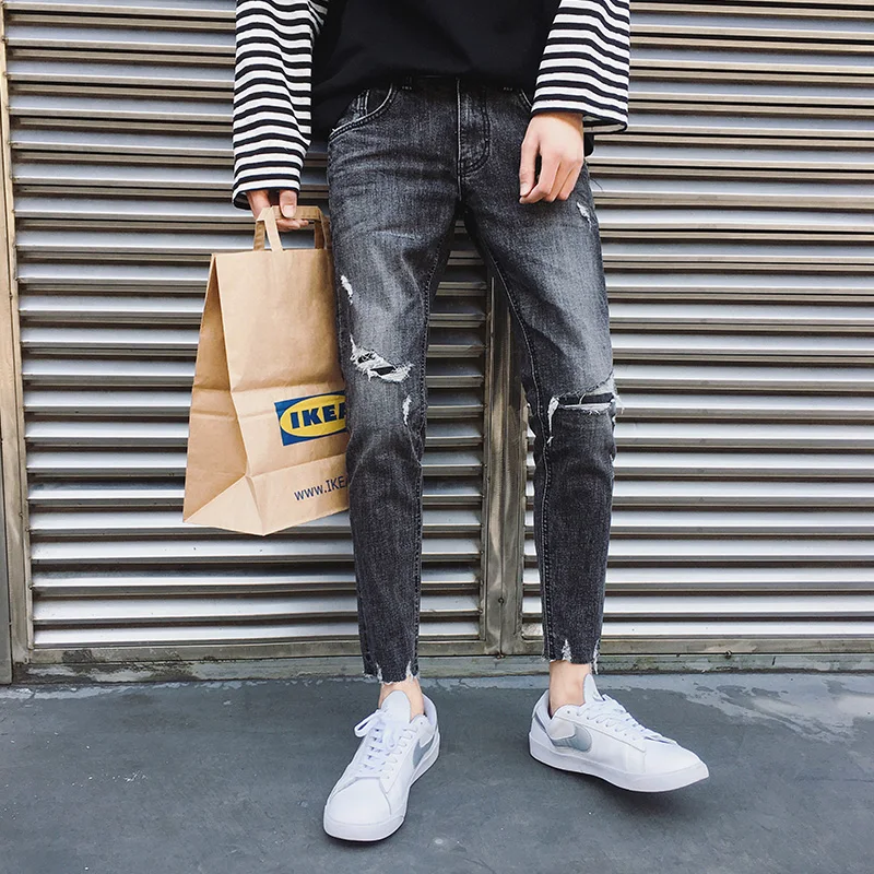 Summer Jeans Men Slim Fashion Washed Retro Torn Holes Denim Pants Man Streetwear Trend Wild Hip Hop Cowboy Trousers Male Clothes