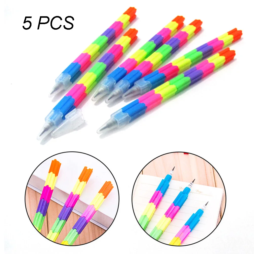 

5Pcs School Blocks Replaceable Core Rainbow Pencils Writing Tools Kids Gift Pencils Toy Stationery Pen Splicing Office Plastic
