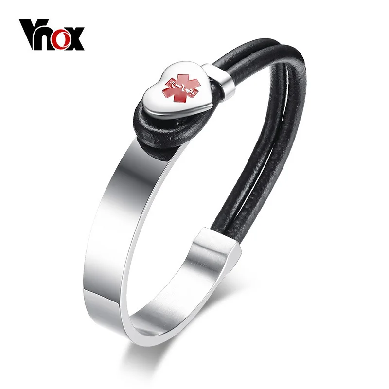 

Vnox Medical Alert ID Bracelet for Women Men Heart Charm Stainless Steel Wrap Bracelets Bangles with Black Leather Rope Jewelry