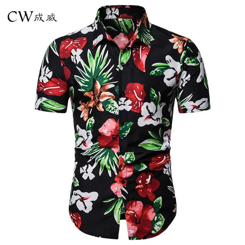 

2019 New Summer Hawaii Male Floral Print Dress Shirts Casual Mens Short Sleeve Shirt Loose Ethnic Flowers Shirt EUR Size M-3XL