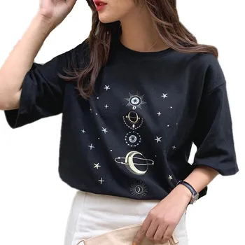 

Women Harajuku Stars Universe Embroidery T-shirt Short Sleeves Black Loose T Shirts Femme Summer Fashion Streetwear Tops Tees