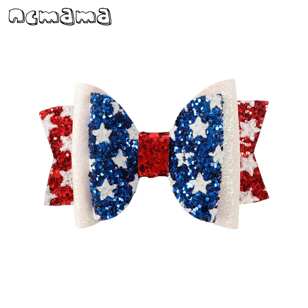 

ncmama 3'' 4th of July Glitter Hair Bows for Girls Princess Hair Clips Cute Red Blue White Star Hairgrips Kids Hair Accessories