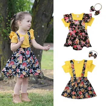 

Newborn Infant Baby Girls Ruffle Short Sleeve Summer T Shirt O-neck Top + Strap Floral Print Romper Cotton Clothes Outfit Set