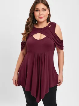 

Wipalo Plus Size Cut Out Cold Shoulder T-Shirts Summer O-Neck Shorts Tees T-Shirts Sexy Front Asymmetrical Women Casual Tops
