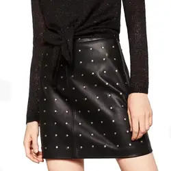 Женская черная юбка из искусственной кожи в стиле панк с металлическими заклепками и бусинами