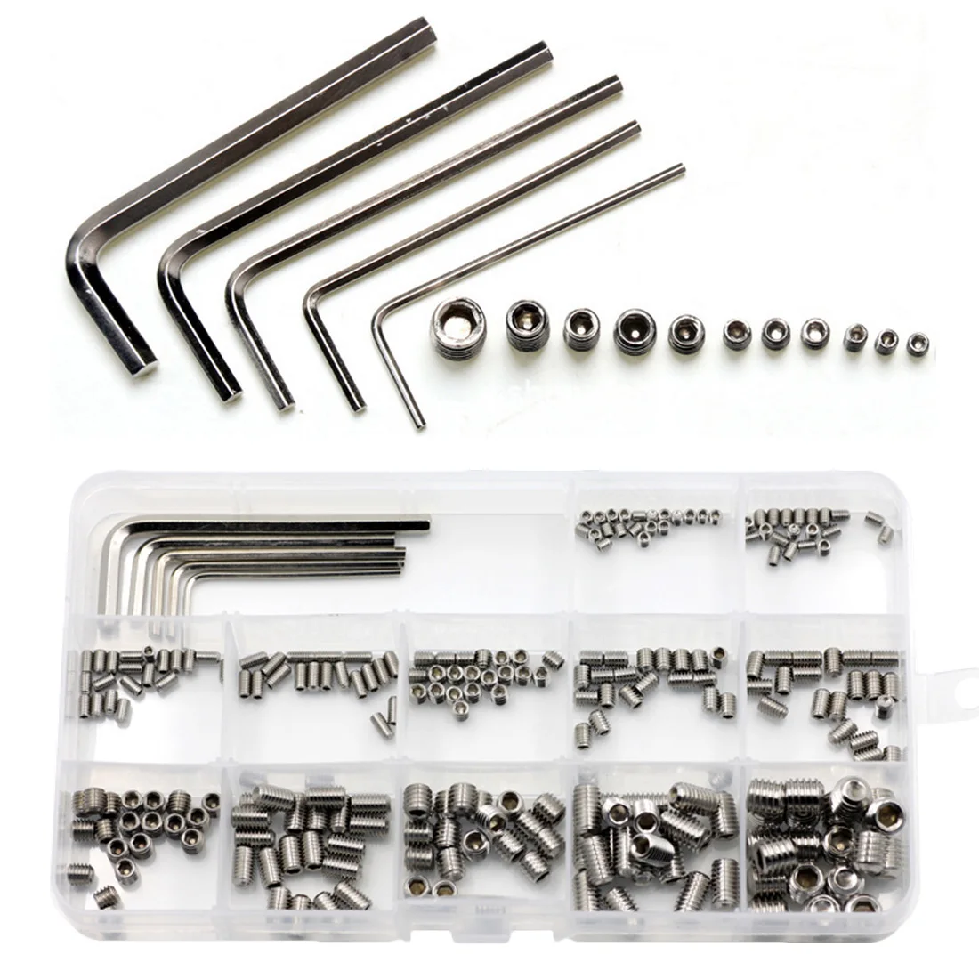 

Stainless Steel 240pcs Wood Screws Allen Head Socket Hex Set Grub Screw Assortment Cup Point Parafuso Assortment+5 pcs Wrench