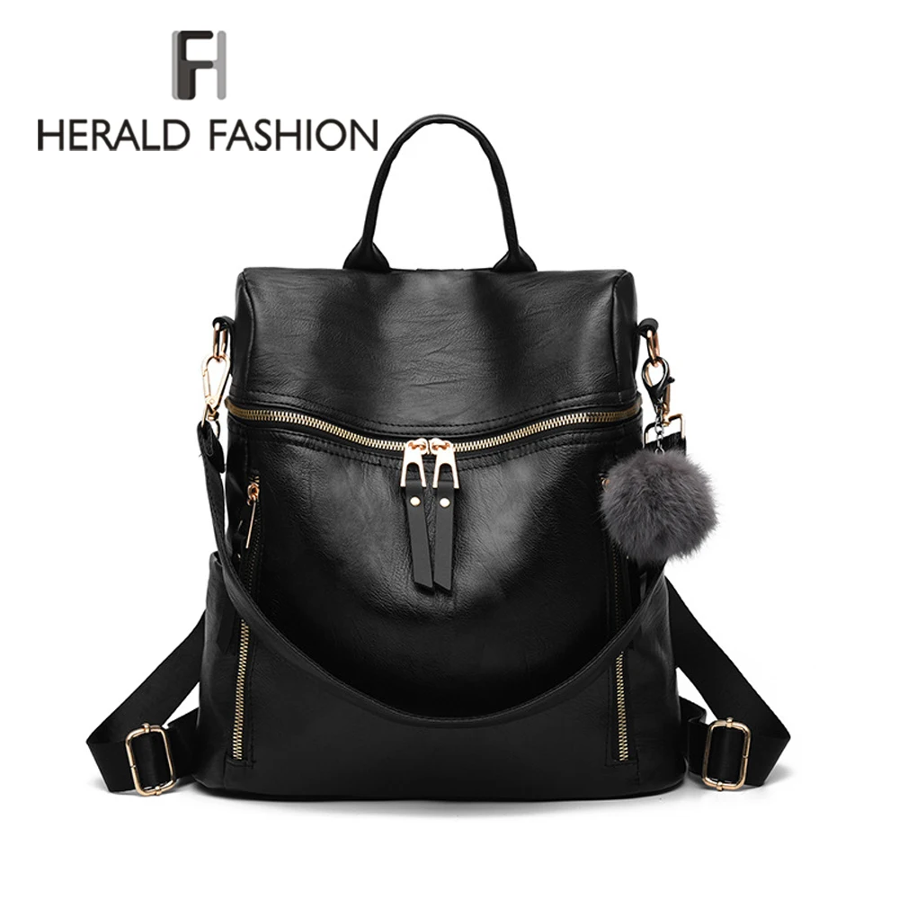 Herald модный простой женский рюкзак из искусственной кожи, рюкзак для девочек-подростков, школьные сумки, модные винтажные однотонные черные сумки на плечо