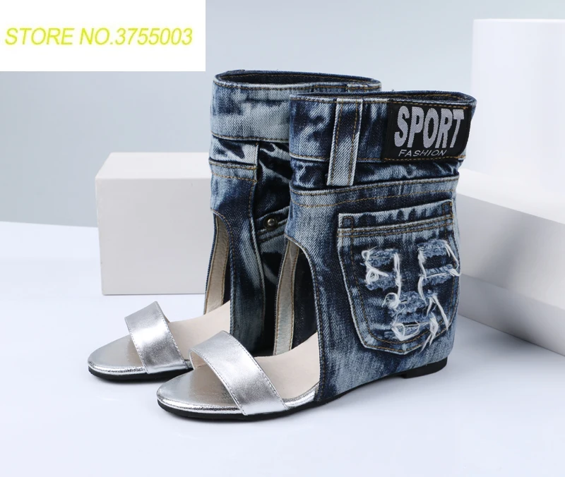 

2018 New Arrival Vintage Wedding Party Dress Shoes Woman Denim Height Increasing Sandals Patchwork Ankle Warp Summer Sandals