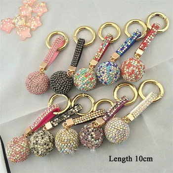 

2020 New Rhinestone High Quality Leather Strap Crystal Ball Car Keychain Charm Pendant Key Ring For Women Men Car Key Chains