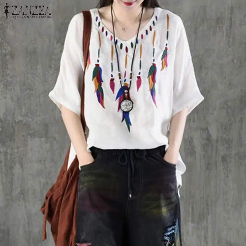  2019 Summer Embroidery Blouse ZANZEA Women V Neck Shirts Casual Short Sleeve Cotton Linen Tops Loos